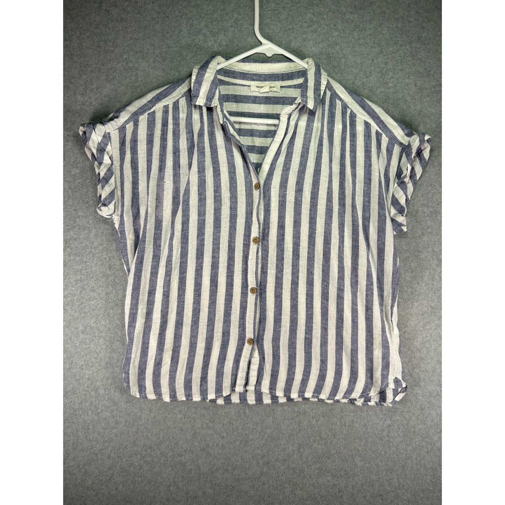 Stains*Beachlunchlounge Blue White Striped Linen Blend Button Down Shirt Small